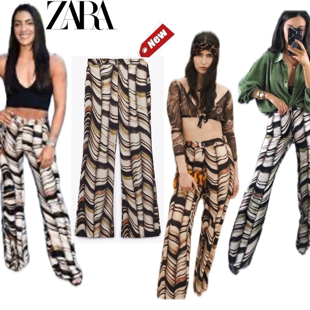 Zara black brown cream printed flared trouser pants Sz XS NWT